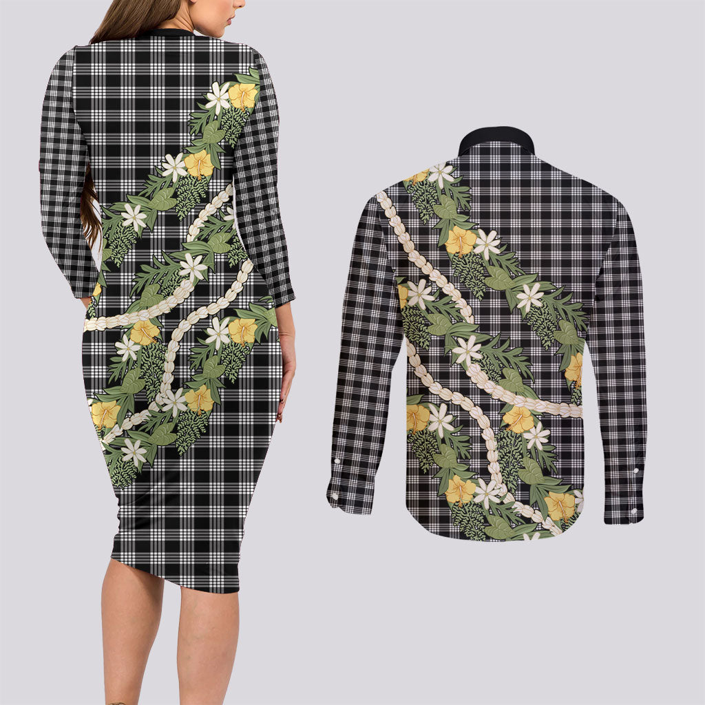 Aloha Puakenikeni Anthurium Pikake Lei Couples Matching Long Sleeve Bodycon Dress and Long Sleeve Button Shirt Black Hawaiian Palaka Pattern