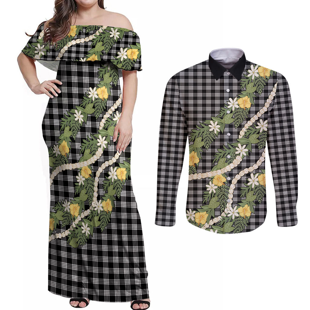 Aloha Puakenikeni Anthurium Pikake Lei Couples Matching Off Shoulder Maxi Dress and Long Sleeve Button Shirt Black Hawaiian Palaka Pattern