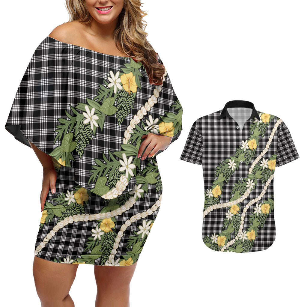Aloha Puakenikeni Anthurium Pikake Lei Couples Matching Off Shoulder Short Dress and Hawaiian Shirt Black Hawaiian Palaka Pattern
