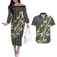 Aloha Puakenikeni Anthurium Pikake Lei Couples Matching Off The Shoulder Long Sleeve Dress and Hawaiian Shirt Black Hawaiian Palaka Pattern