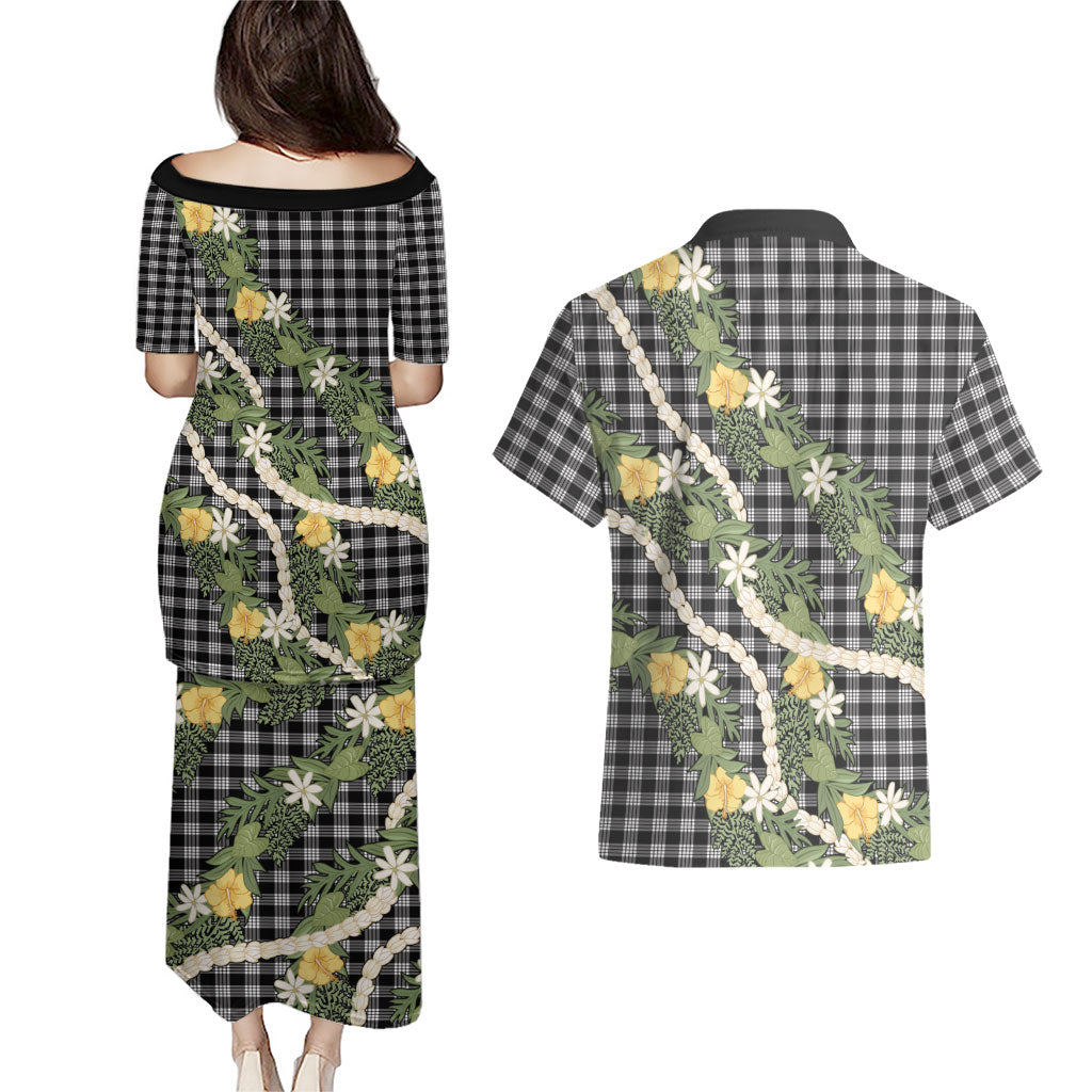 Aloha Puakenikeni Anthurium Pikake Lei Couples Matching Puletasi and Hawaiian Shirt Black Hawaiian Palaka Pattern