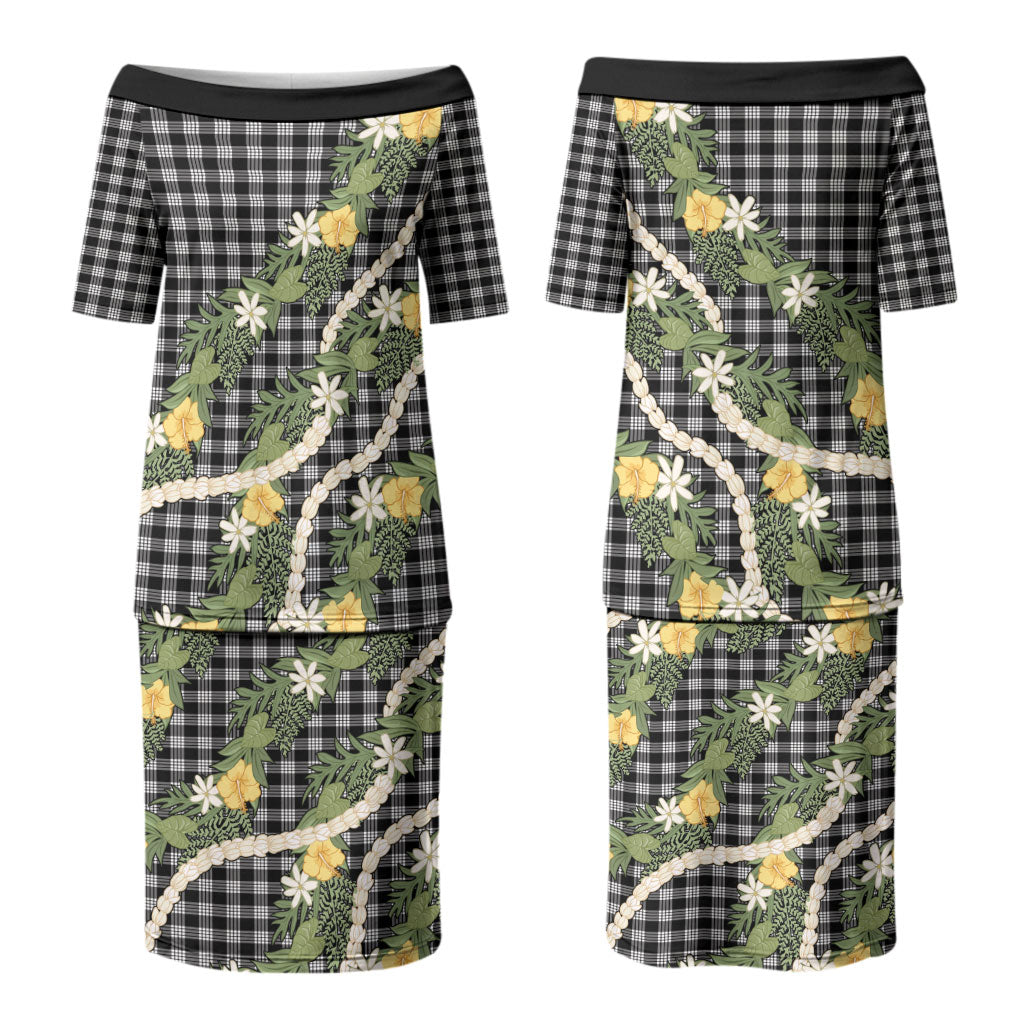 Aloha Puakenikeni Anthurium Pikake Lei Couples Matching Puletasi and Hawaiian Shirt Black Hawaiian Palaka Pattern LT9 - Polynesian Pride