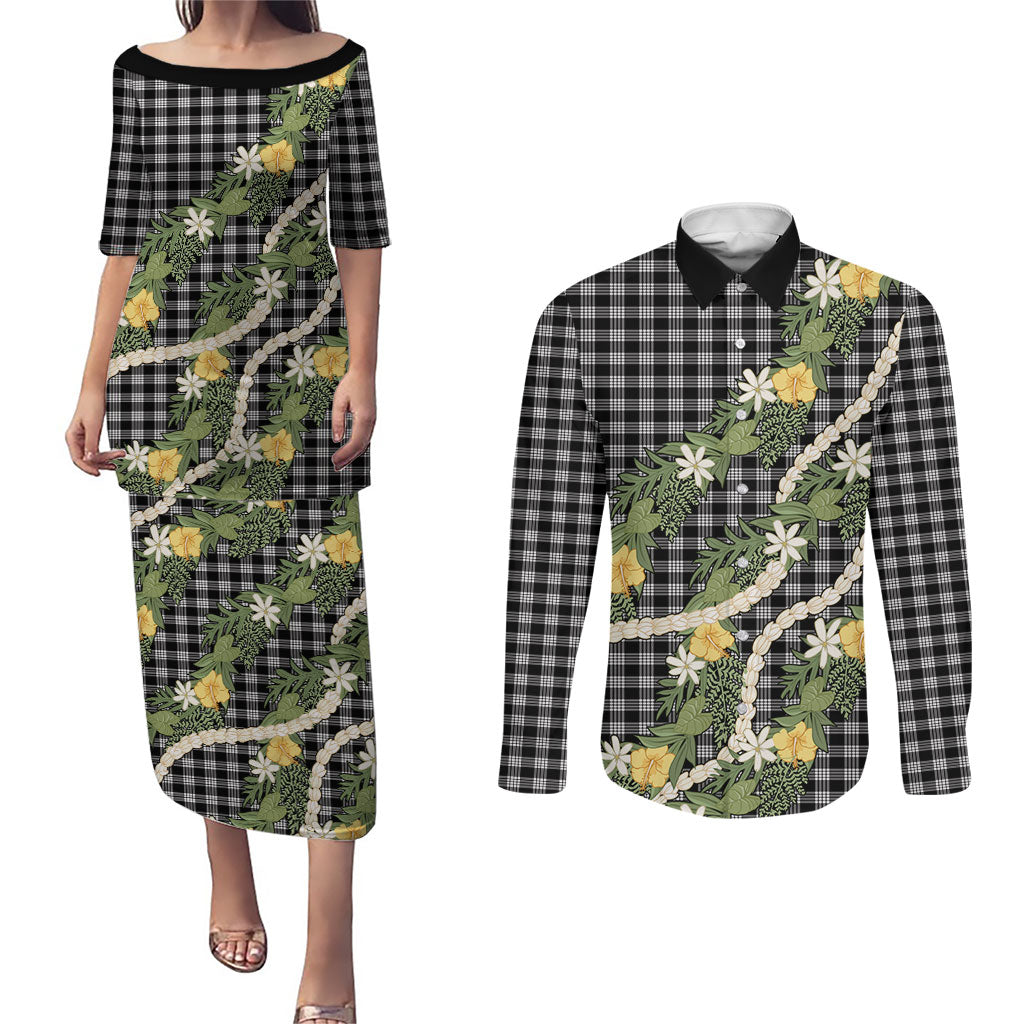 Aloha Puakenikeni Anthurium Pikake Lei Couples Matching Puletasi and Long Sleeve Button Shirt Black Hawaiian Palaka Pattern LT9 Black - Polynesian Pride