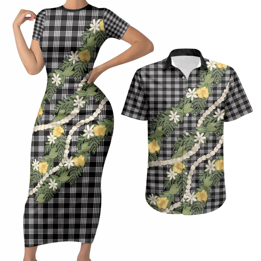 Aloha Puakenikeni Anthurium Pikake Lei Couples Matching Short Sleeve Bodycon Dress and Hawaiian Shirt Black Hawaiian Palaka Pattern LT9 Black - Polynesian Pride