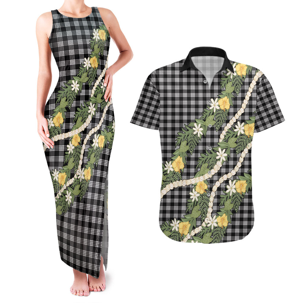 Aloha Puakenikeni Anthurium Pikake Lei Couples Matching Tank Maxi Dress and Hawaiian Shirt Black Hawaiian Palaka Pattern