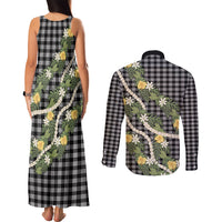 Aloha Puakenikeni Anthurium Pikake Lei Couples Matching Tank Maxi Dress and Long Sleeve Button Shirt Black Hawaiian Palaka Pattern