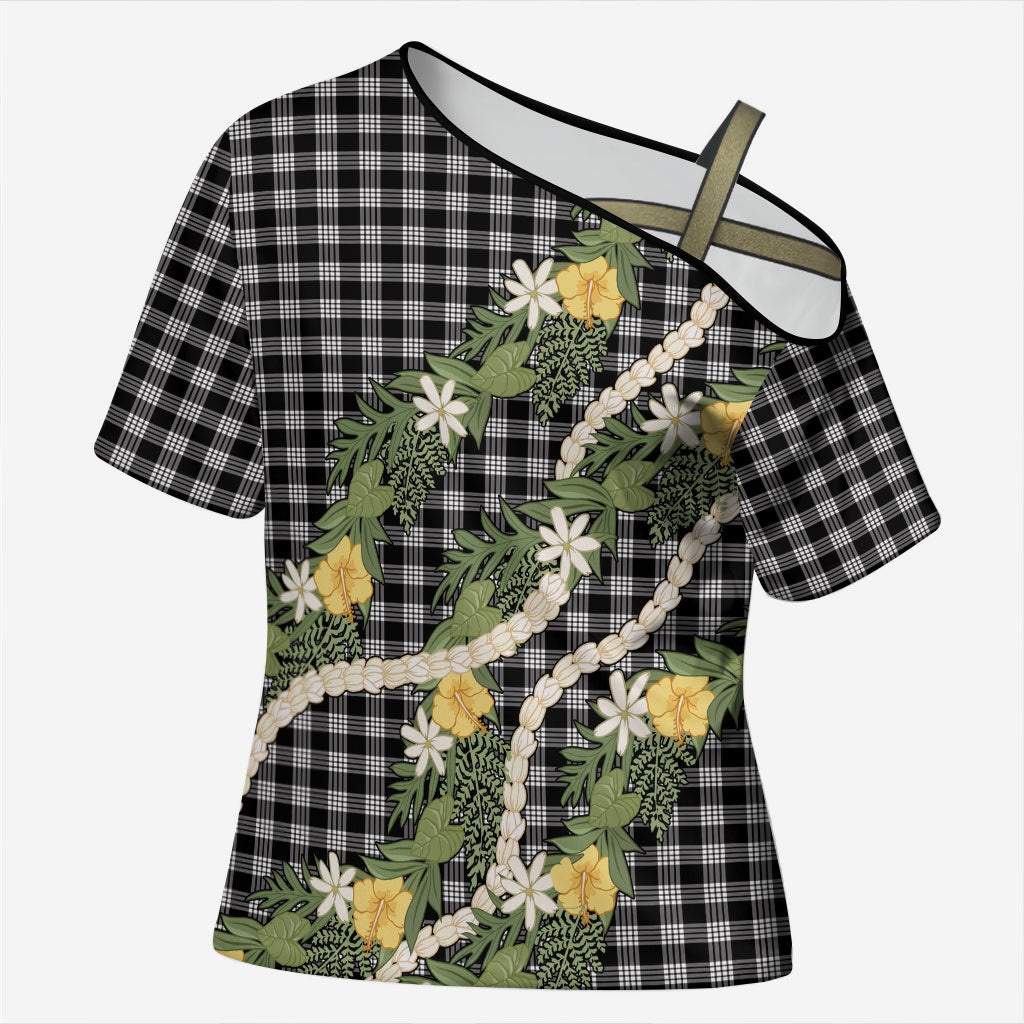 Aloha Puakenikeni Anthurium Pikake Lei Cross Shoulder Shirt Black Hawaiian Palaka Pattern LT9 Female Black - Polynesian Pride