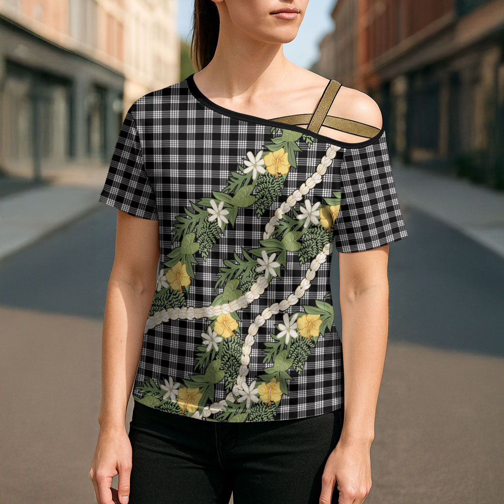 Aloha Puakenikeni Anthurium Pikake Lei Cross Shoulder Shirt Black Hawaiian Palaka Pattern