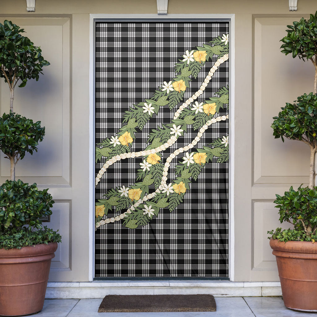 Aloha Puakenikeni Anthurium Pikake Lei Door Cover Black Hawaiian Palaka Pattern LT9 Black - Polynesian Pride