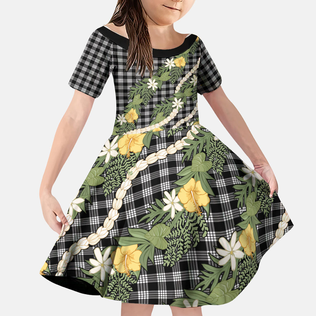 Aloha Puakenikeni Anthurium Pikake Lei Family Matching Long Sleeve Bodycon Dress and Hawaiian Shirt Black Hawaiian Palaka Pattern