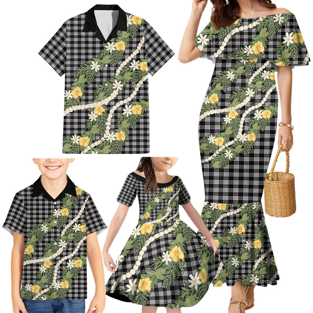 Aloha Puakenikeni Anthurium Pikake Lei Family Matching Mermaid Dress and Hawaiian Shirt Black Hawaiian Palaka Pattern LT9 - Polynesian Pride