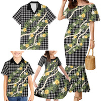 Aloha Puakenikeni Anthurium Pikake Lei Family Matching Mermaid Dress and Hawaiian Shirt Black Hawaiian Palaka Pattern
