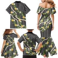 Aloha Puakenikeni Anthurium Pikake Lei Family Matching Mermaid Dress and Hawaiian Shirt Black Hawaiian Palaka Pattern