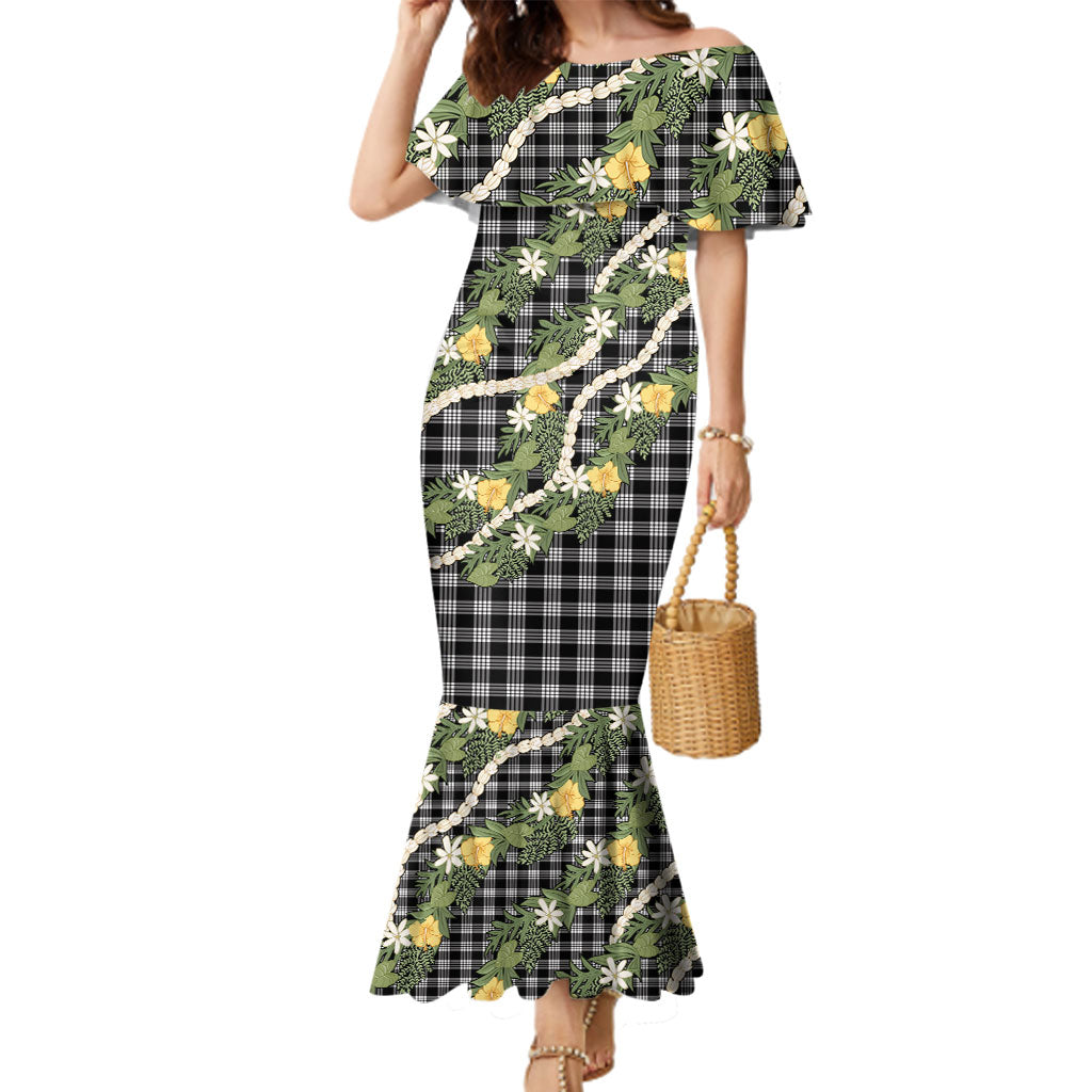 Aloha Puakenikeni Anthurium Pikake Lei Family Matching Mermaid Dress and Hawaiian Shirt Black Hawaiian Palaka Pattern
