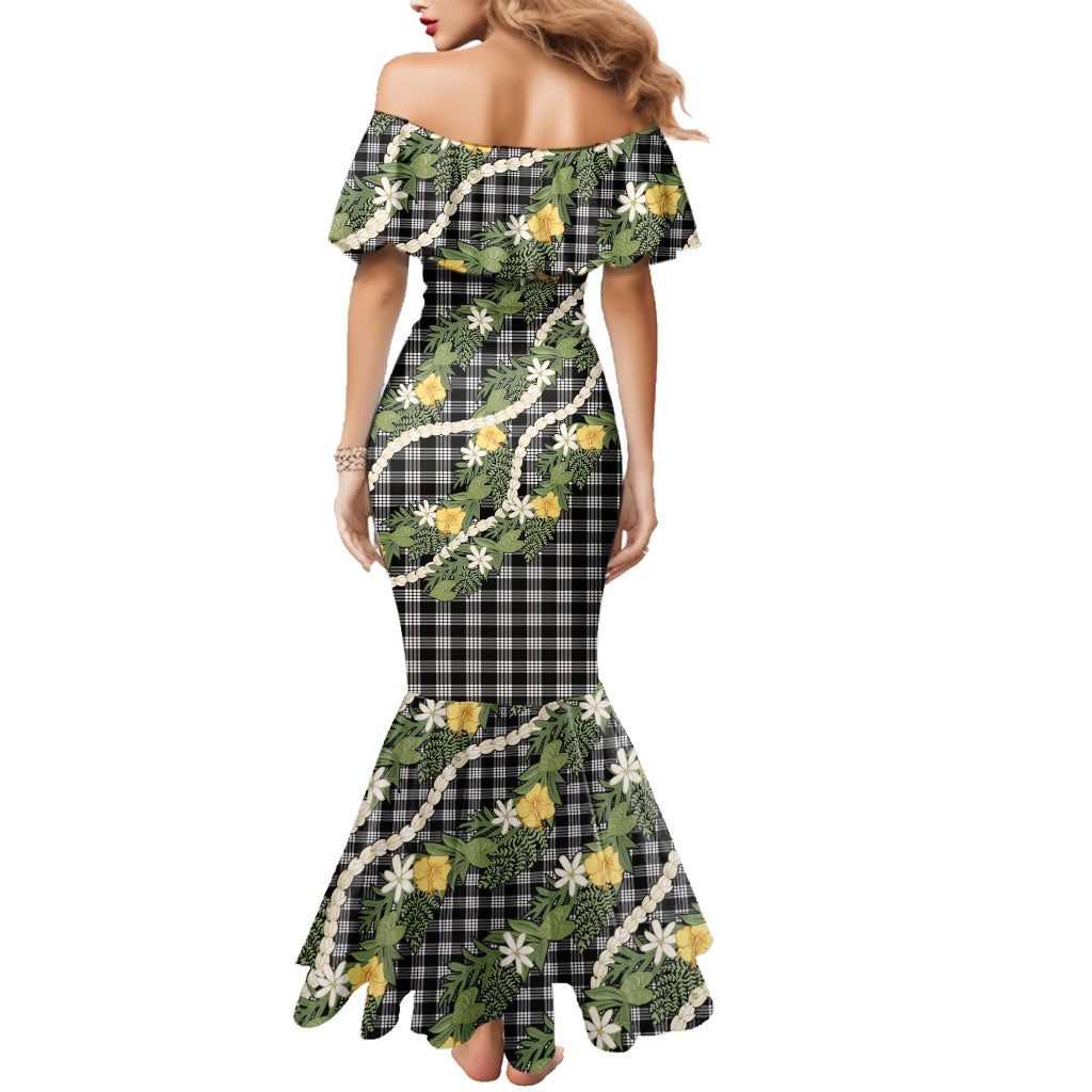 Aloha Puakenikeni Anthurium Pikake Lei Family Matching Mermaid Dress and Hawaiian Shirt Black Hawaiian Palaka Pattern