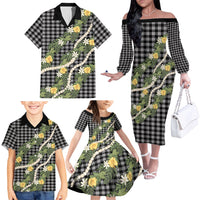 Aloha Puakenikeni Anthurium Pikake Lei Family Matching Off The Shoulder Long Sleeve Dress and Hawaiian Shirt Black Hawaiian Palaka Pattern