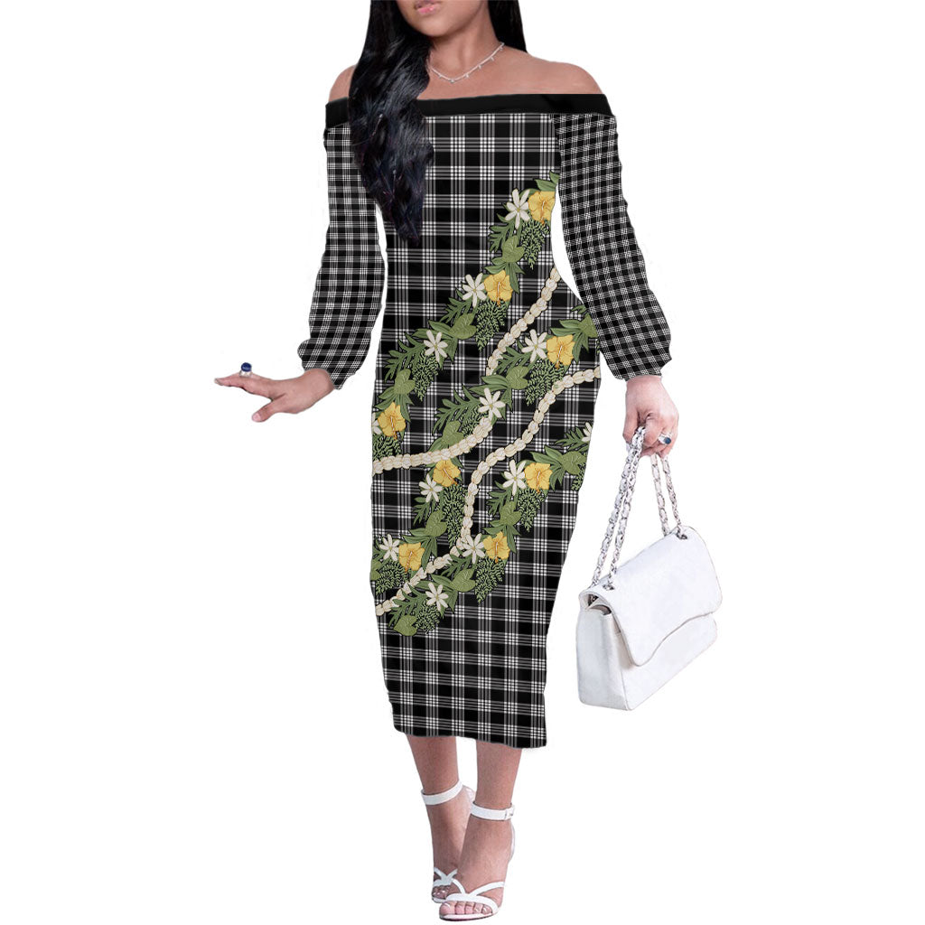 Aloha Puakenikeni Anthurium Pikake Lei Family Matching Off The Shoulder Long Sleeve Dress and Hawaiian Shirt Black Hawaiian Palaka Pattern