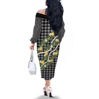 Aloha Puakenikeni Anthurium Pikake Lei Family Matching Off The Shoulder Long Sleeve Dress and Hawaiian Shirt Black Hawaiian Palaka Pattern