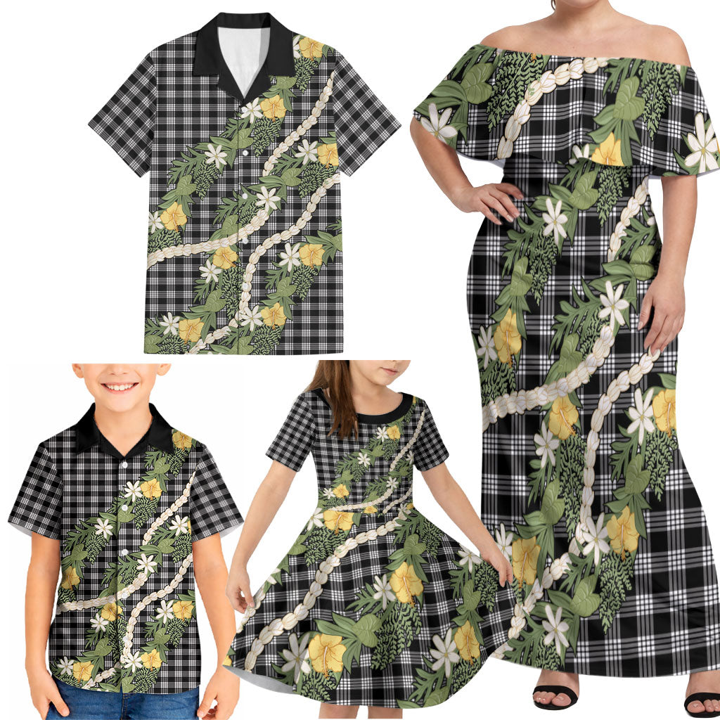 Aloha Puakenikeni Anthurium Pikake Lei Family Matching Off Shoulder Maxi Dress and Hawaiian Shirt Black Hawaiian Palaka Pattern LT9 - Polynesian Pride