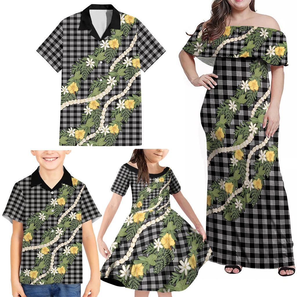 Aloha Puakenikeni Anthurium Pikake Lei Family Matching Off Shoulder Maxi Dress and Hawaiian Shirt Black Hawaiian Palaka Pattern LT9 - Polynesian Pride