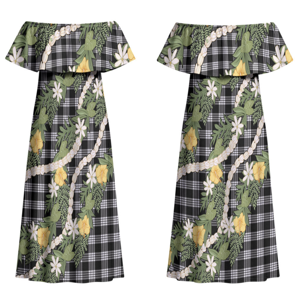 Aloha Puakenikeni Anthurium Pikake Lei Family Matching Off Shoulder Maxi Dress and Hawaiian Shirt Black Hawaiian Palaka Pattern LT9 Mom's Dress Black - Polynesian Pride