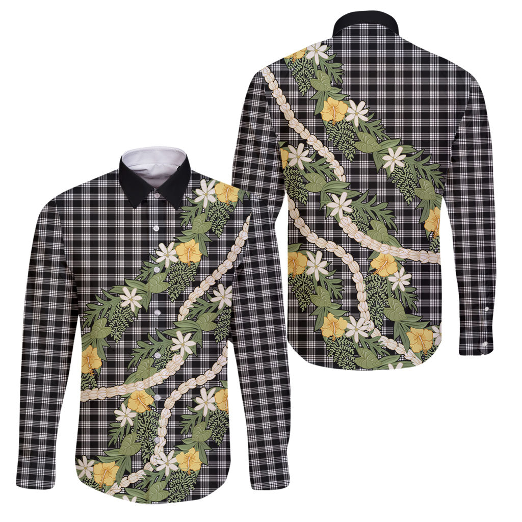 Aloha Puakenikeni Anthurium Pikake Lei Family Matching Off Shoulder Maxi Dress and Hawaiian Shirt Black Hawaiian Palaka Pattern LT9 Dad's Shirt - Long Sleeve Black - Polynesian Pride