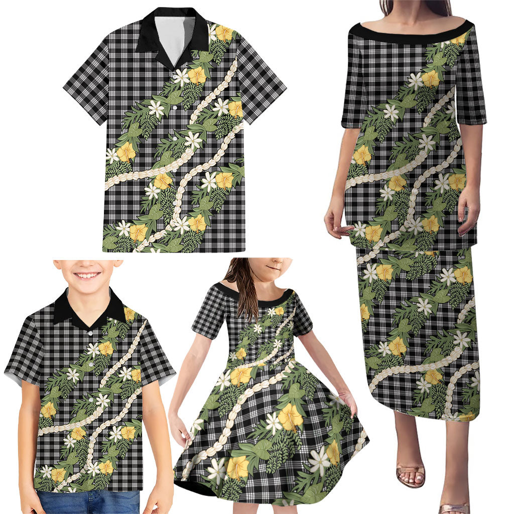 Aloha Puakenikeni Anthurium Pikake Lei Family Matching Puletasi and Hawaiian Shirt Black Hawaiian Palaka Pattern LT9 - Polynesian Pride