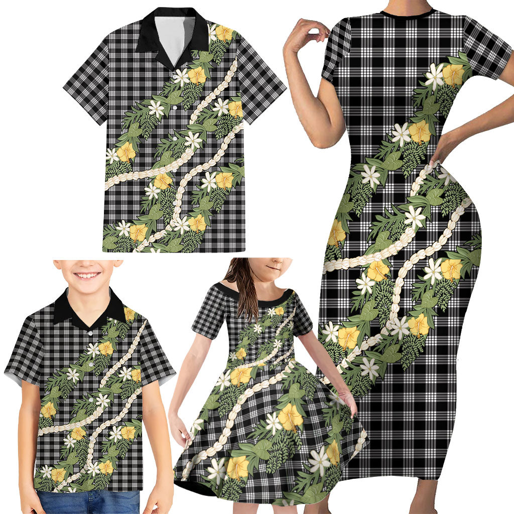Aloha Puakenikeni Anthurium Pikake Lei Family Matching Short Sleeve Bodycon Dress and Hawaiian Shirt Black Hawaiian Palaka Pattern LT9 - Polynesian Pride