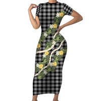 Aloha Puakenikeni Anthurium Pikake Lei Family Matching Short Sleeve Bodycon Dress and Hawaiian Shirt Black Hawaiian Palaka Pattern