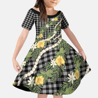Aloha Puakenikeni Anthurium Pikake Lei Family Matching Summer Maxi Dress and Hawaiian Shirt Black Hawaiian Palaka Pattern