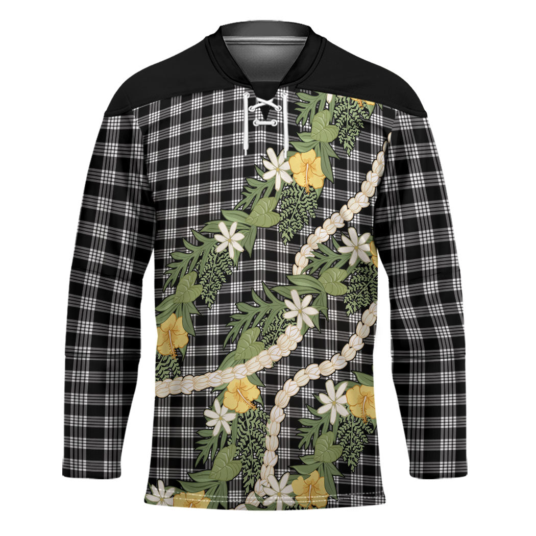 Aloha Puakenikeni Anthurium Pikake Lei Hockey Jersey Black Hawaiian Palaka Pattern LT9 Unisex Black - Polynesian Pride