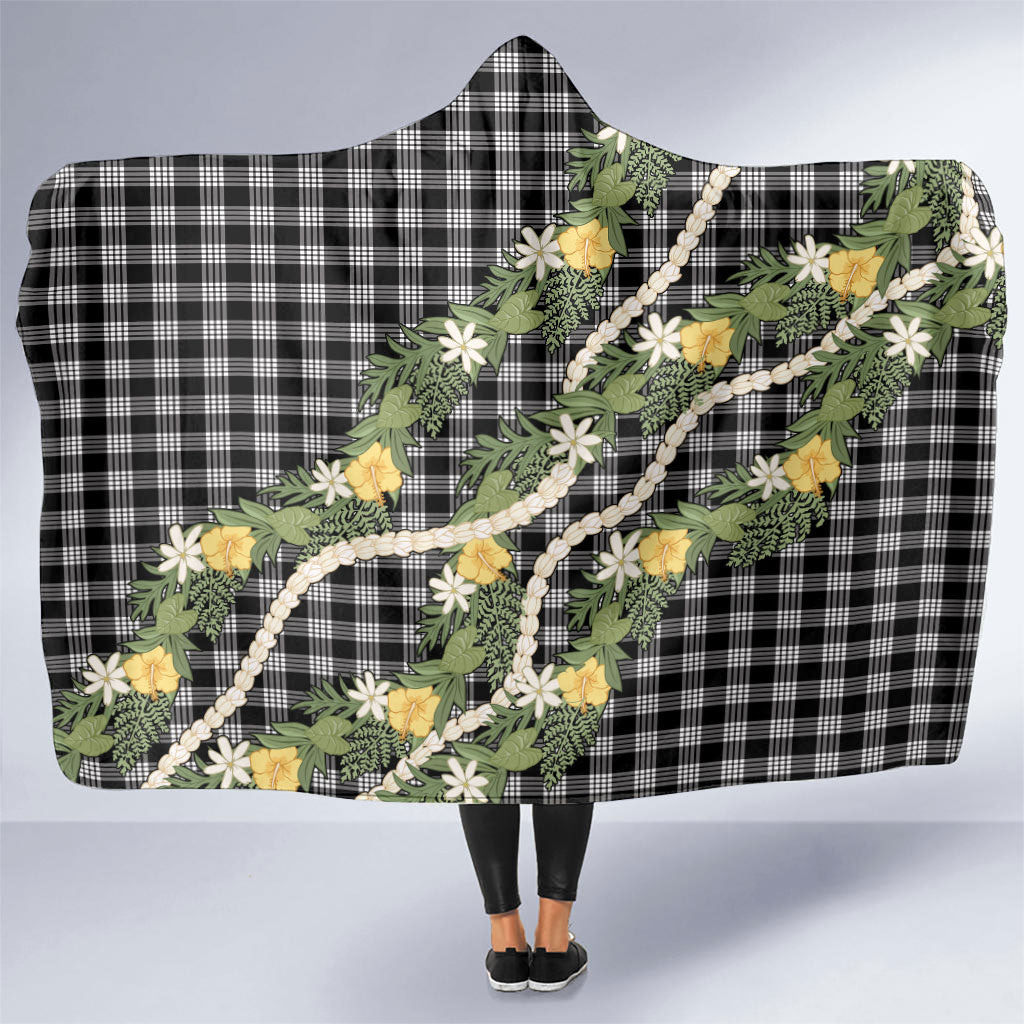 Aloha Puakenikeni Anthurium Pikake Lei Hooded Blanket Black Hawaiian Palaka Pattern LT9 One Size Black - Polynesian Pride