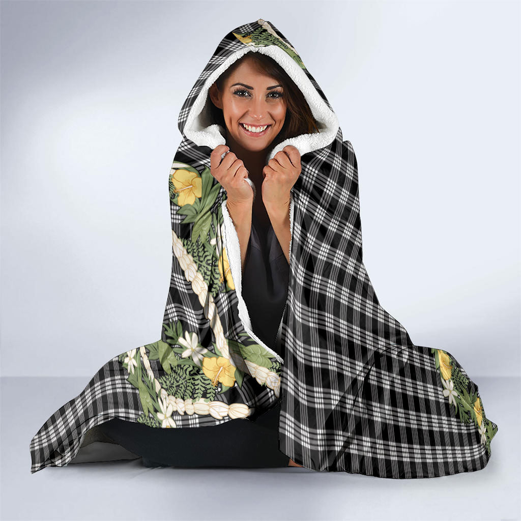 Aloha Puakenikeni Anthurium Pikake Lei Hooded Blanket Black Hawaiian Palaka Pattern LT9 - Polynesian Pride