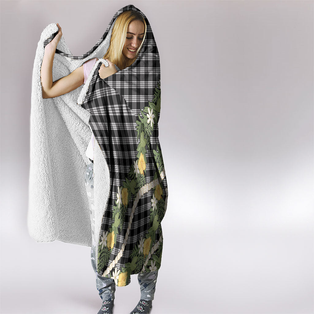 Aloha Puakenikeni Anthurium Pikake Lei Hooded Blanket Black Hawaiian Palaka Pattern LT9 - Polynesian Pride
