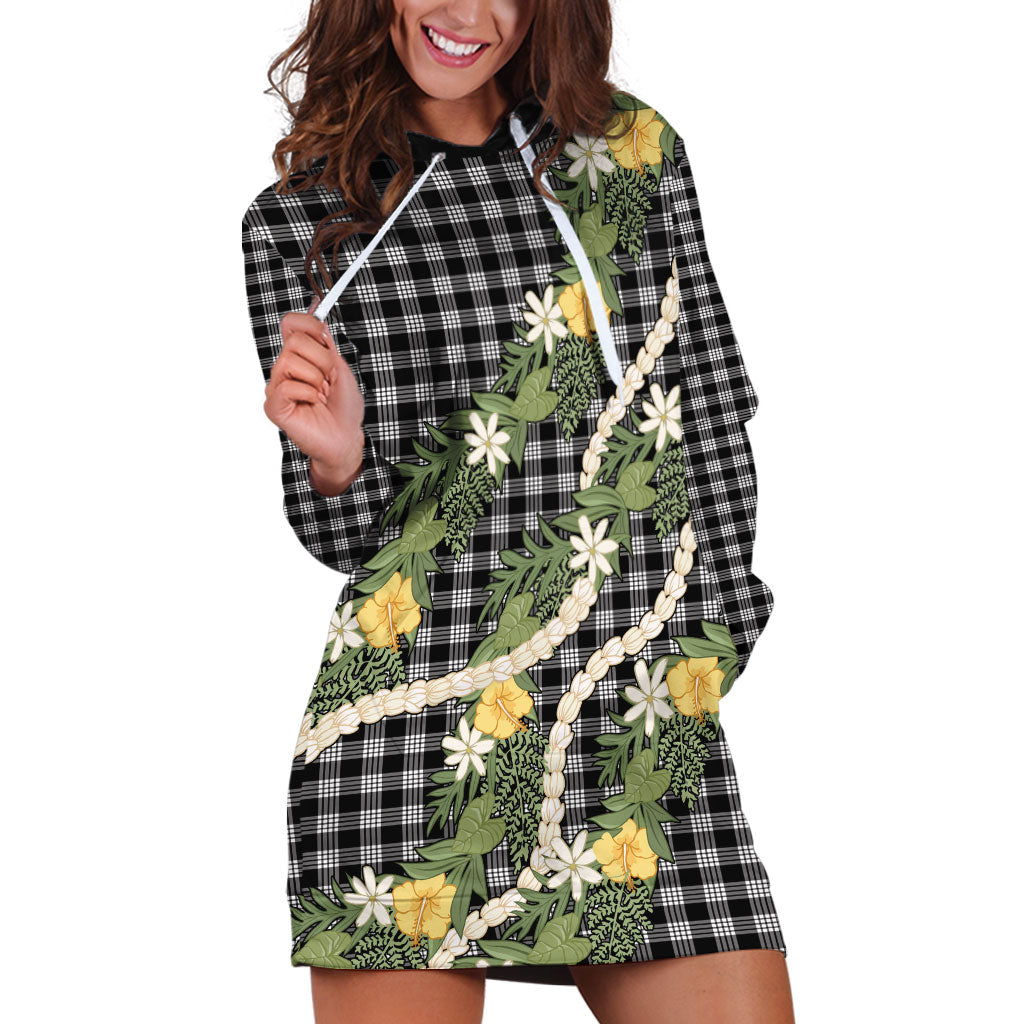 Aloha Puakenikeni Anthurium Pikake Lei Hoodie Dress Black Hawaiian Palaka Pattern LT9 Black - Polynesian Pride