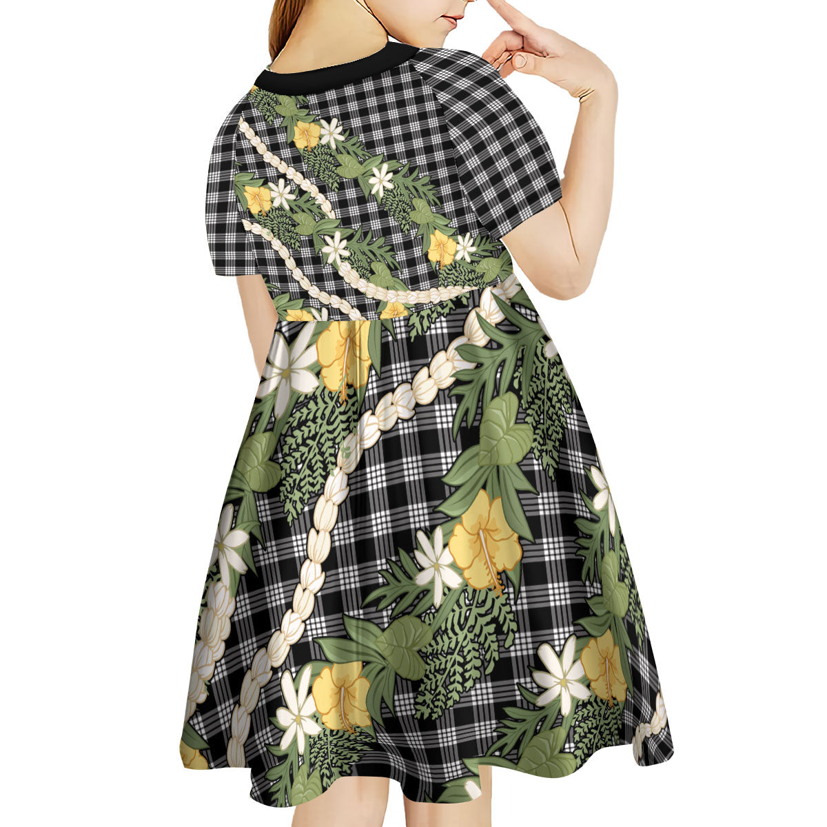 Aloha Puakenikeni Anthurium Pikake Lei Kid Short Sleeve Dress Black Hawaiian Palaka Pattern LT9 - Polynesian Pride