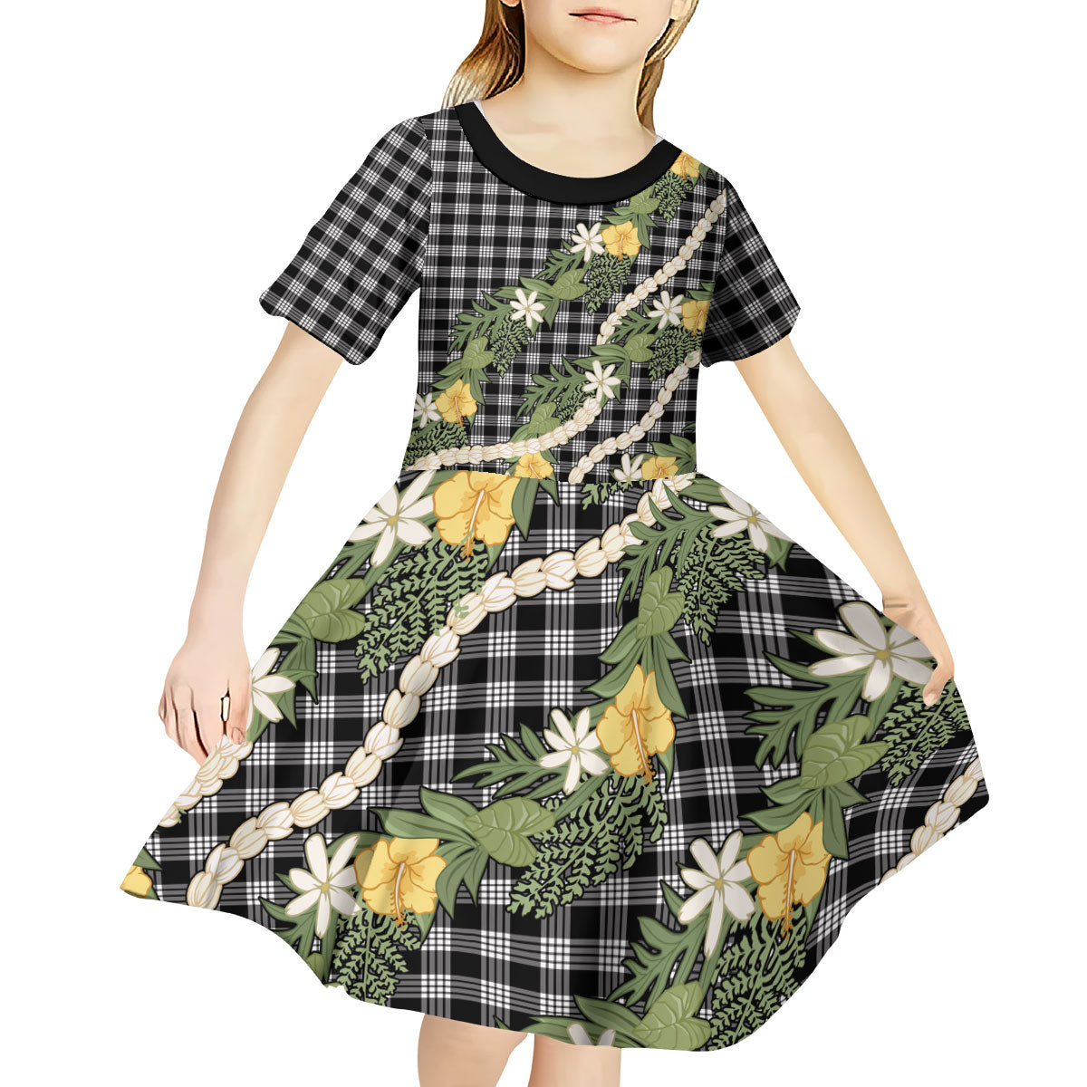 Aloha Puakenikeni Anthurium Pikake Lei Kid Short Sleeve Dress Black Hawaiian Palaka Pattern LT9 - Polynesian Pride