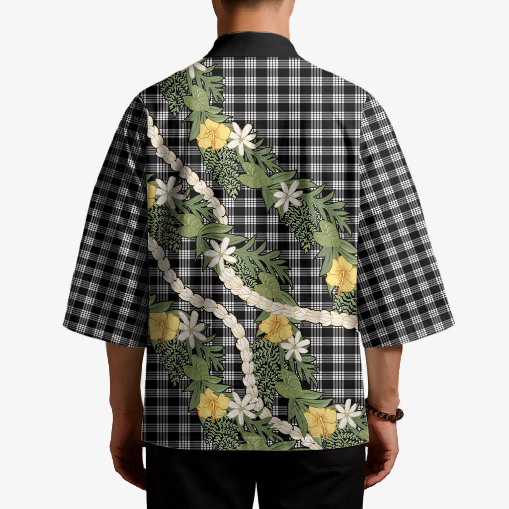 Aloha Puakenikeni Anthurium Pikake Lei Kimono Black Hawaiian Palaka Pattern