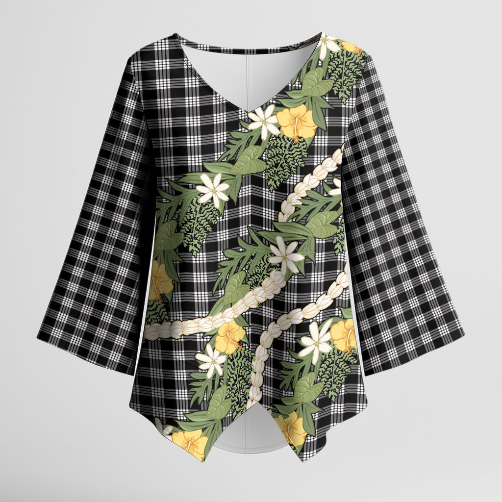 Aloha Puakenikeni Anthurium Pikake Lei Kimono Sleeve Blouse Black Hawaiian Palaka Pattern