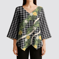 Aloha Puakenikeni Anthurium Pikake Lei Kimono Sleeve Blouse Black Hawaiian Palaka Pattern