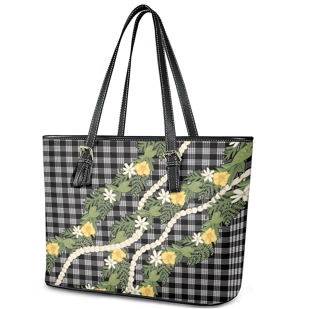Aloha Puakenikeni Anthurium Pikake Lei Leather Tote Bag Black Hawaiian Palaka Pattern