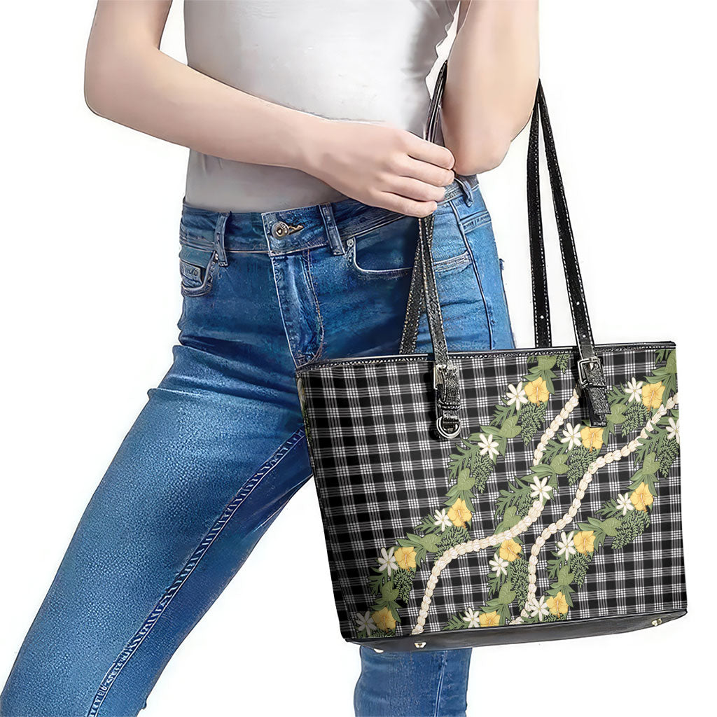 Aloha Puakenikeni Anthurium Pikake Lei Leather Tote Bag Black Hawaiian Palaka Pattern