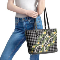 Aloha Puakenikeni Anthurium Pikake Lei Leather Tote Bag Black Hawaiian Palaka Pattern