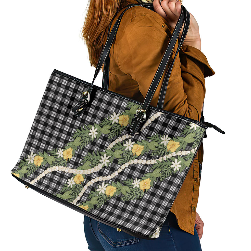 Aloha Puakenikeni Anthurium Pikake Lei Leather Tote Bag Black Hawaiian Palaka Pattern