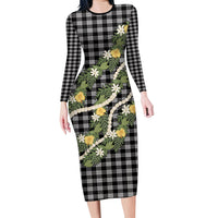 Aloha Puakenikeni Anthurium Pikake Lei Long Sleeve Bodycon Dress Black Hawaiian Palaka Pattern