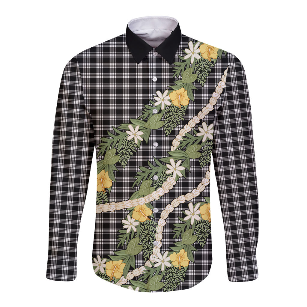 Aloha Puakenikeni Anthurium Pikake Lei Long Sleeve Button Shirt Black Hawaiian Palaka Pattern LT9 Unisex Black - Polynesian Pride