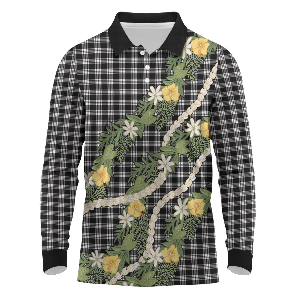 Aloha Puakenikeni Anthurium Pikake Lei Long Sleeve Polo Shirt Black Hawaiian Palaka Pattern LT9 Black - Polynesian Pride