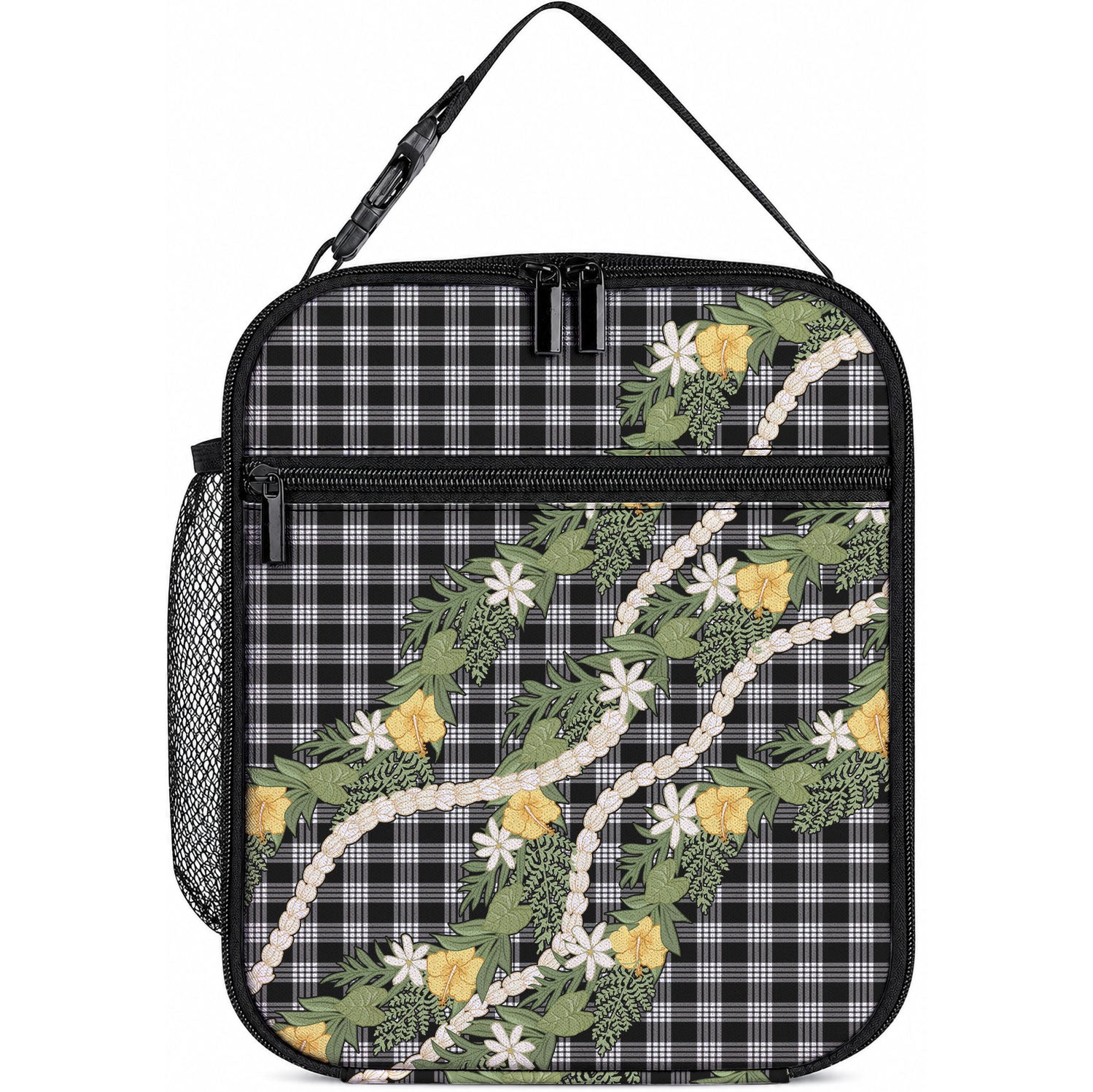 Aloha Puakenikeni Anthurium Pikake Lei Lunch Bag Black Hawaiian Palaka Pattern LT9 10.2 × 8.3 × 4.3 inch Black - Polynesian Pride