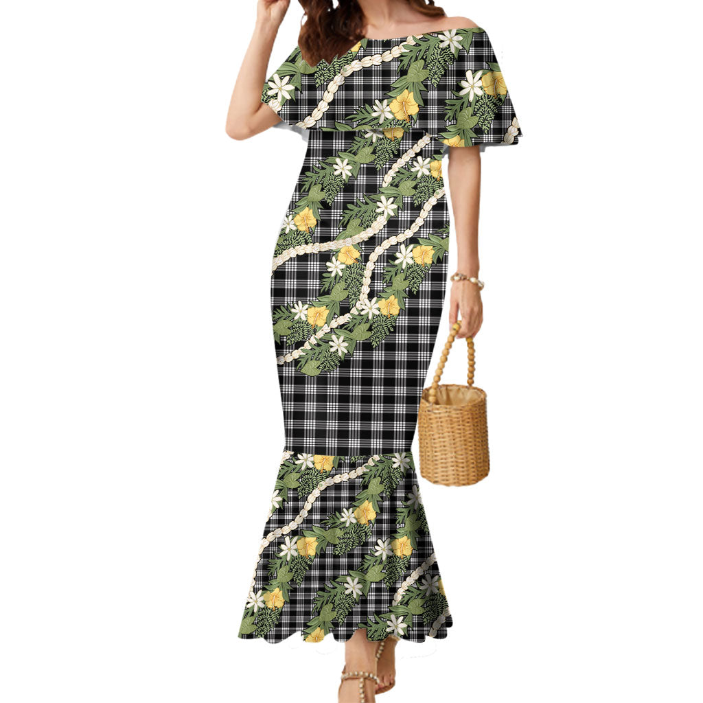 Aloha Puakenikeni Anthurium Pikake Lei Mermaid Dress Black Hawaiian Palaka Pattern LT9 Women Black - Polynesian Pride