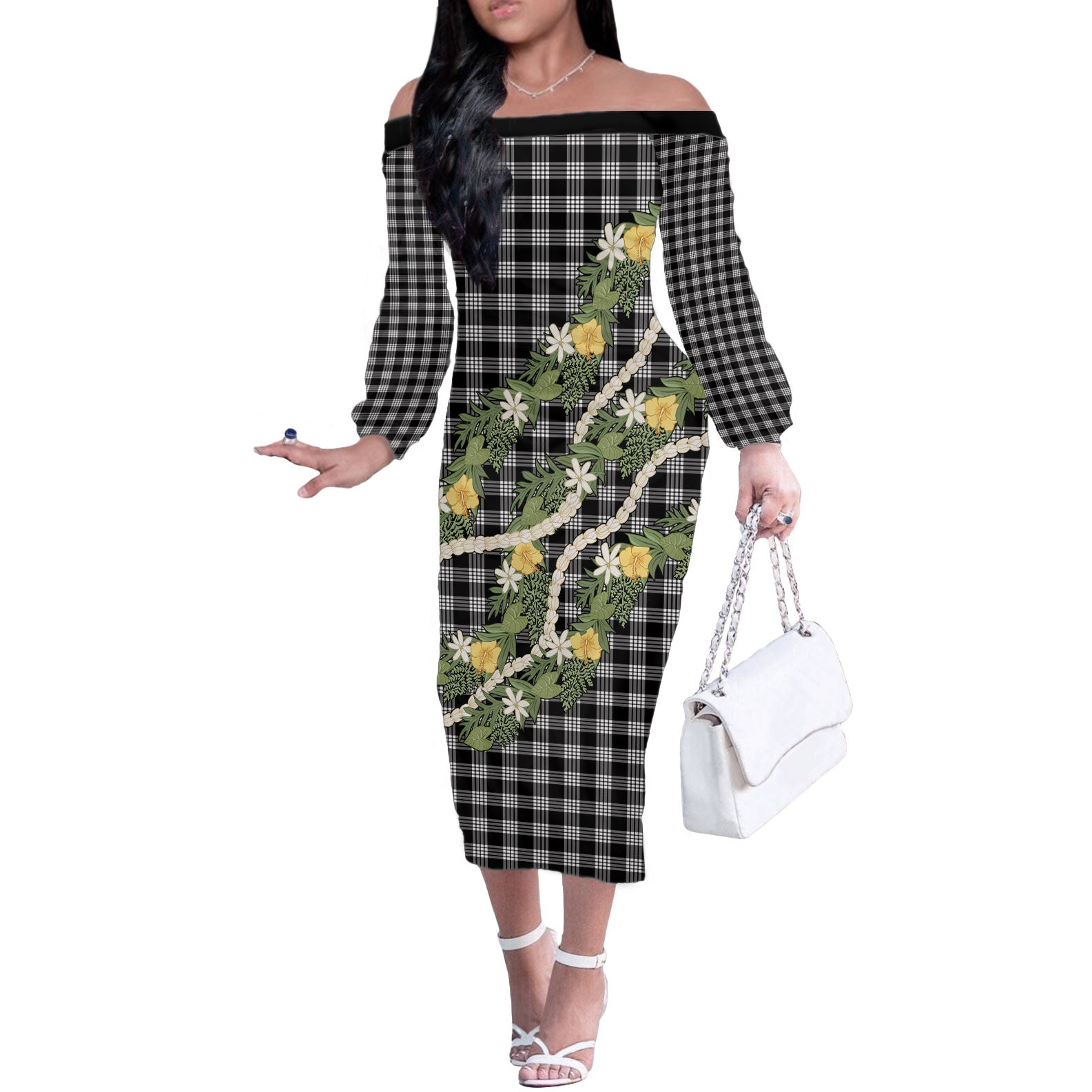 Aloha Puakenikeni Anthurium Pikake Lei Off The Shoulder Long Sleeve Dress Black Hawaiian Palaka Pattern LT9 Women Black - Polynesian Pride